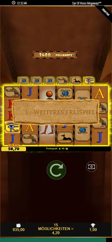 Free Spins aktiv mit Tablet-Upgrade-Panel oben und bereits aufgewerteten Symbolen