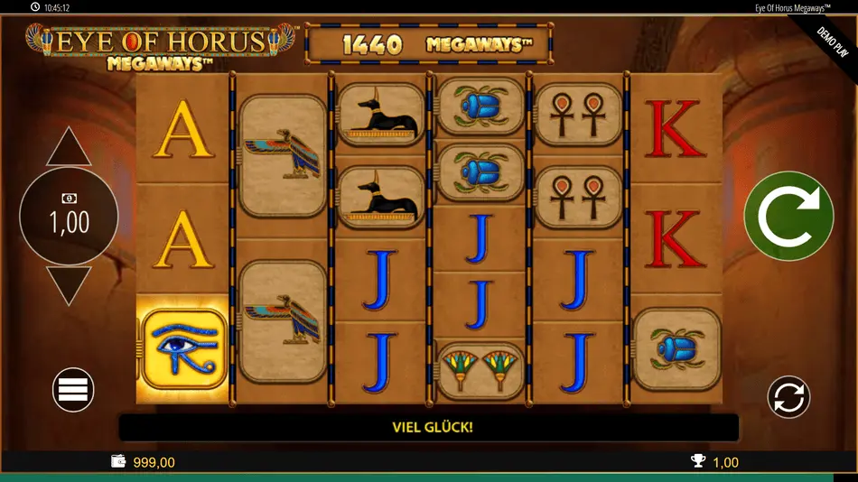 Eye of Horus Megaways Basisspiel mit vollem Raster und Gewinnwege-Anzeige